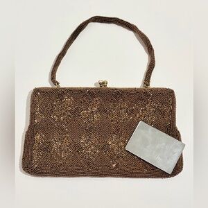 Vintage Japan Richere Bag Walborg Brown Bronze Beaded Evening Bag with Mirror
